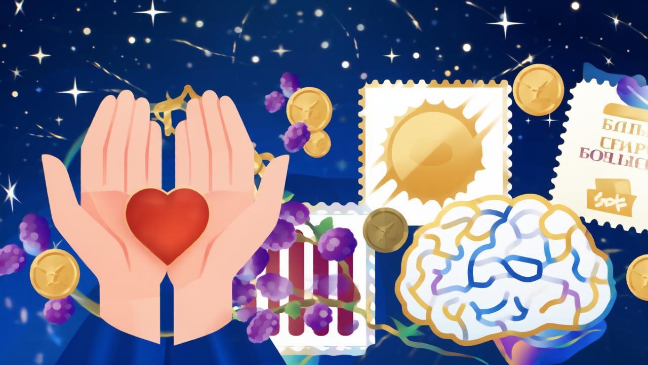 Коллаж из символов праздников 21 сентября: ладони, марки, ежевика и мозг на звёздном фоне